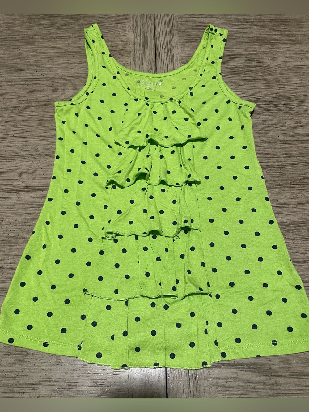 Maurice’s top, medium, green with navy blue polka dots, tiered ruffle front